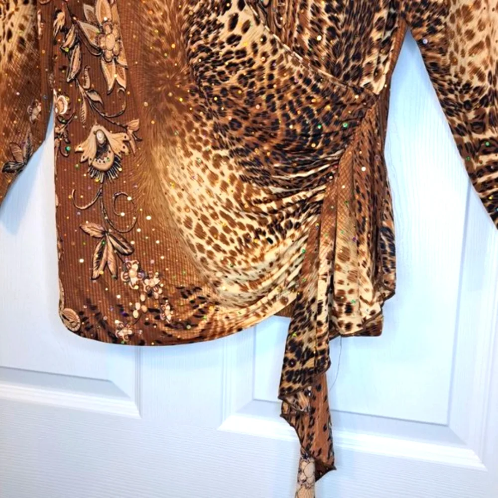 Brittany Black Sequin Animal Print Floral Wrap Blouse Size XL